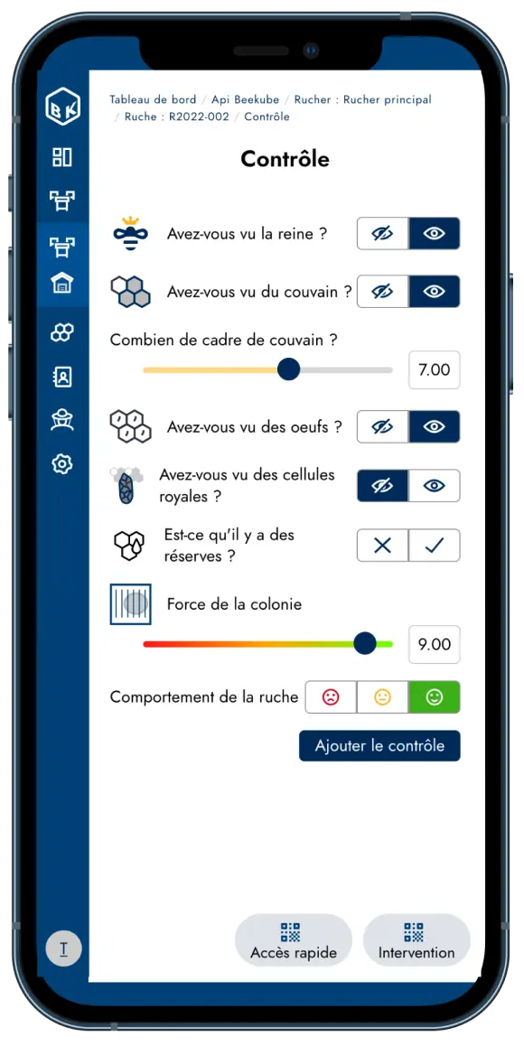 Beekube - Aperçu de l'ajout d'intervention sur une ruche sur la version mobile