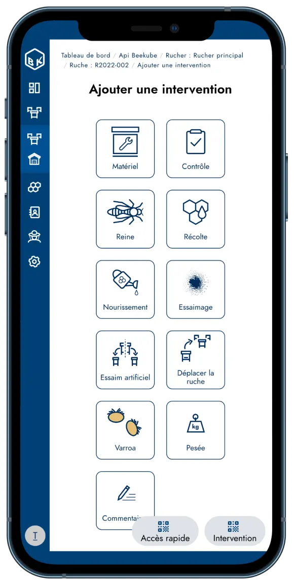 Beekube - Aperçu de l'ajout d'intervention sur une ruche sur la version mobile